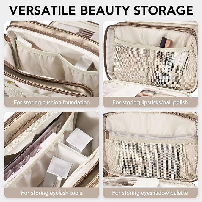 HauteHues Travel Makeup Bag Women's Large Capacity Cosmetic Portable Organizer Large Opening Waterproof Storage Toiletry Bags Vertical Free-Standing Brush Holder for Easy Access Copper