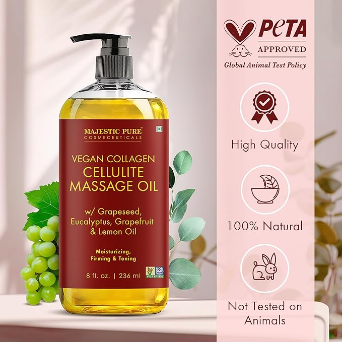 Majestic Pure Cellulite Massage Oil, Toning Body Blend, with Roller 8 Fl Oz
