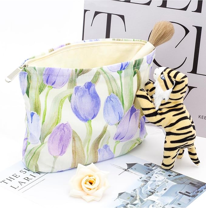 Flat Makeup Bag for Women,Zipper Cosmetic Pouch for Purse,Tulip Purple