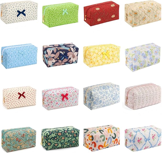 OIMEI Floral Quilted Cotton Makeup Bag for Women, Large Capacity Travel Cosmetic Pouch with Zipper, Cute Toiletry & Brush Organizer, Kawaii Makeup Storage Case – Blue Bow