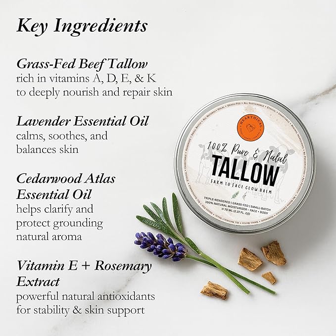 Hearthical Halal Grass Fed Beef Tallow For Skin – 70g Organic Beef Tallow Moisturizer – Beef Tallow Face Moisturizer & Beef Tallow Face Cream – Pure Beef Tallow Balm with Lavender & Cedarwood