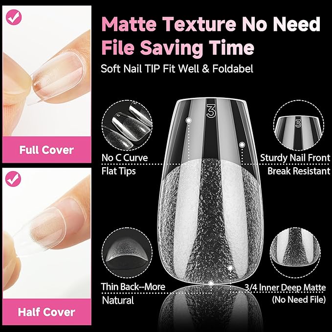 UNA GELLA Short Coffin Nail Tips, 312pcs Short Coffin Gel Nails Tips, Pre-shape Half Matte Fake Nails 12 Sizes Full Cover Press on Nails for Acrylic Nail Extension DIY Salon at Home
