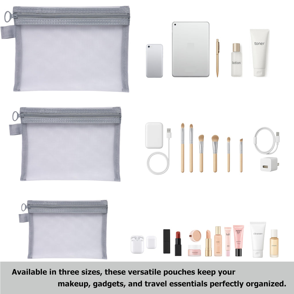 Quotidian Flat Clear Mesh Zipper Pouch Gray Makeup Brush Bag Travel Organizer 3-Size Pack of 9 - Vacation Gym Everyday Carry School