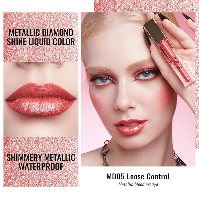 Oulac Orange Red Lipstick for Women, Metallic Lip Gloss Shimmer, Long Lasting Waterproof, Oil-Based Formula, High Impact Lip Color, Transferproof, Vegan & Cruelty-Free MD05