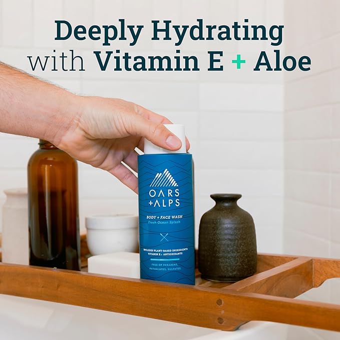 Oars + Alps Body Wash for Men, Mens Body Wash & Face Cleanser with Vitamin E & Antioxidants, Moisturizing, Paraben & Sulfate Free Cleanser, Fresh Ocean Splash, 1pk