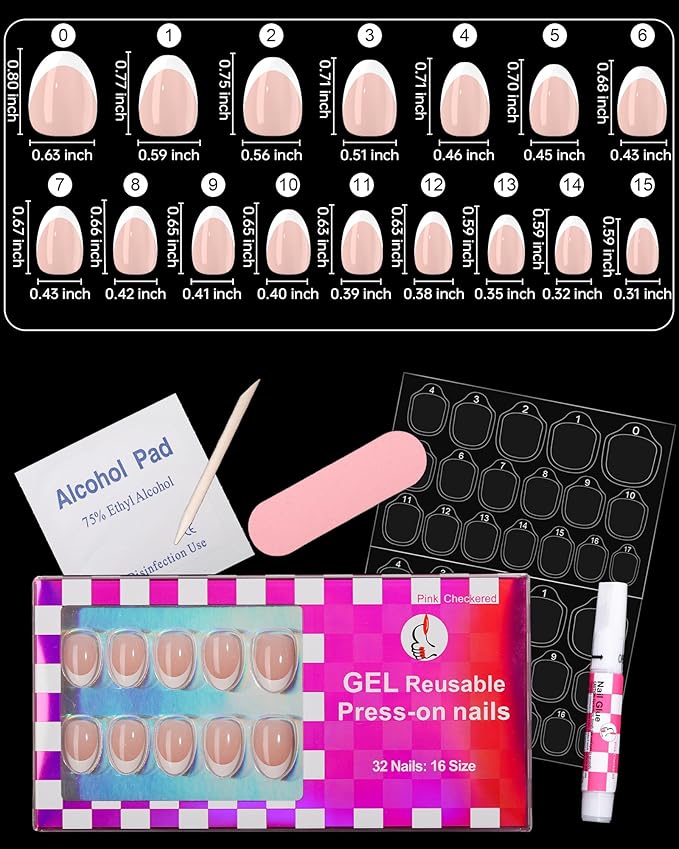 LY LANYOS 16 size white french tip almond press on nails for women,32 pcs super short petite oval nails with glue and stick ，nude french