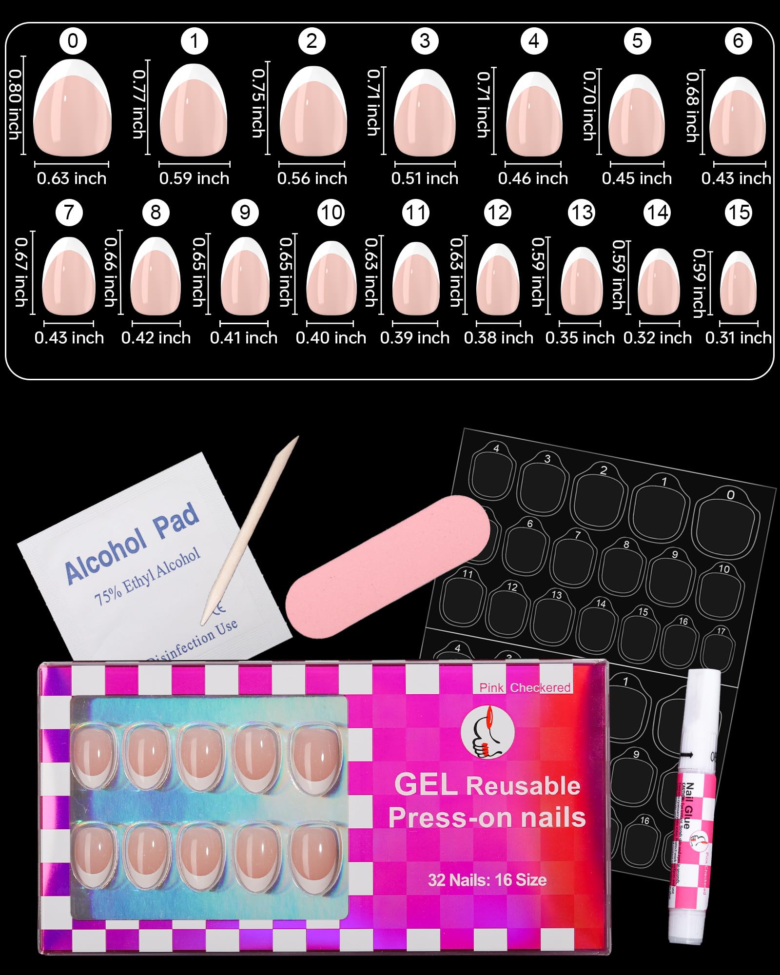 LY LANYOS 16 size white french tip almond press on nails for women,32 pcs super short petite oval nails with glue and stick ，nude french