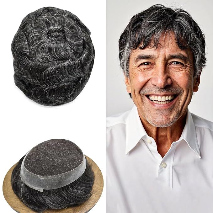 F M FACE MIRACLE NEW YORK Lace Center Hair System for Men French Lace Toupee for Man Real Human Hair Replacement Systems Thin Skin Around Mens Toupee V-Looped PU Front Hairpieces 6"X9" #1B40