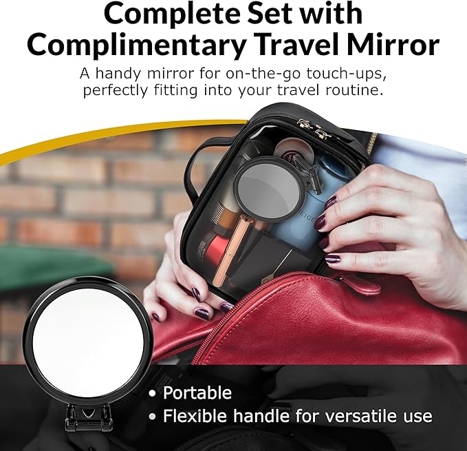 Clear Makeup Bag Set, Travel Cosmetic Bags with Transparent TPU Front, 3PCS (Large & Small Pouches + Compact Mirror), Saffiano PU Leather Toiletry Organizer for Women, Black