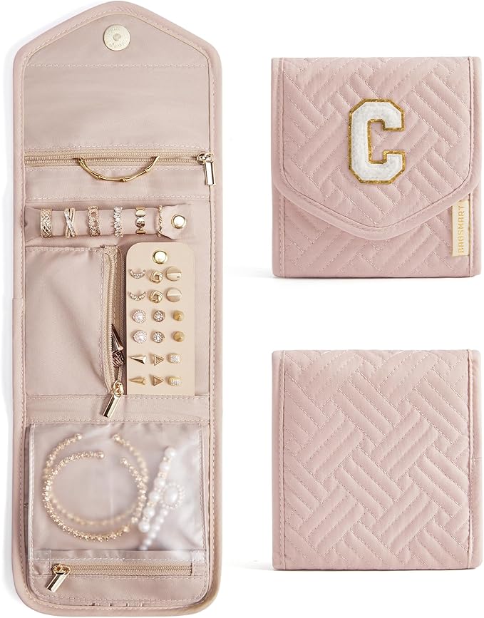 BAGSMART Travel Jewelry Organizer Case C Initial Jewelry Roll,Soft Pink