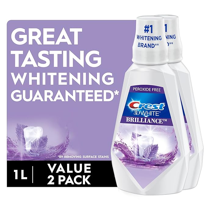 Crest 3D White Mouthwash, Teeth Whitening for Adults, 1L, 2 Pack, Alcohol Free Mouth Rinse, Breath Freshener, Antibacterial, Antiseptic, Bad Breath Treatment, Peroxide Free, Clean Mint