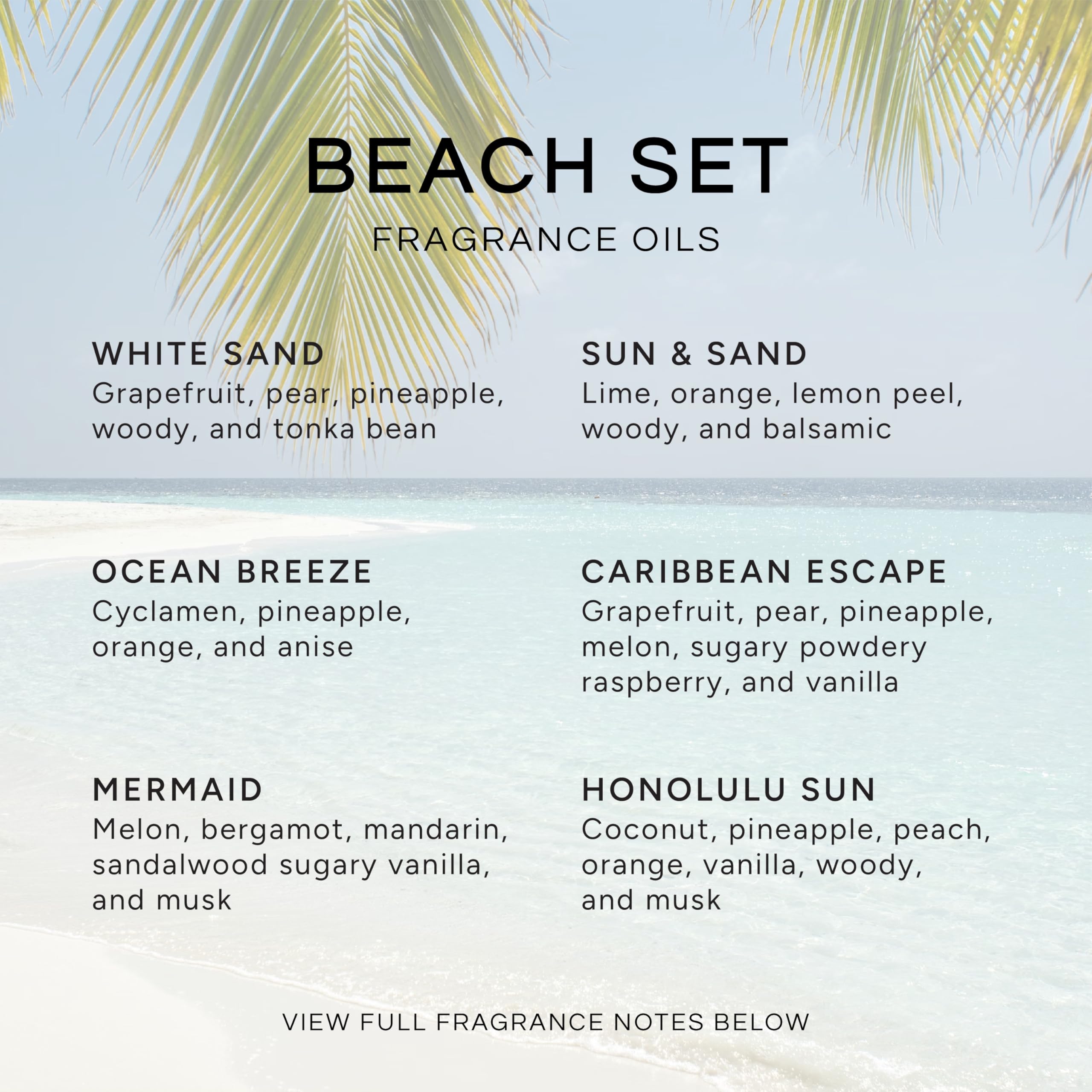 Eternal Essence Oils Beach Set of 6 Premium Fragrance Oils - Includes White Sand, Ocean Breeze, Honolulu Sun, Mermaid, Caribbean Escape, and Sun & Sand Scented Oils - 10ML