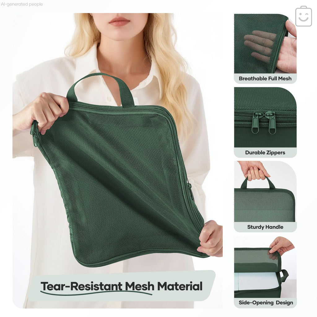 Veken 9/11 Set Compression Packing Cubes Garment Bags for Travel Essentials,Compressible Expandable Luggage Organizer Bags for Clothing,Space Saver Bags with Over 1000 pcs of Mesh Holes(Dark Green)