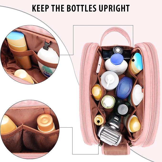 COOSKY Travel Toiletry Bag for Women, Large Hanging Toiletries Organizer Bags for Men, Cruise Ship Essentials, Water-resistant Shaving Case, PU Leather Makeup Accessories, Cosmetic Dopp Kit, Pink