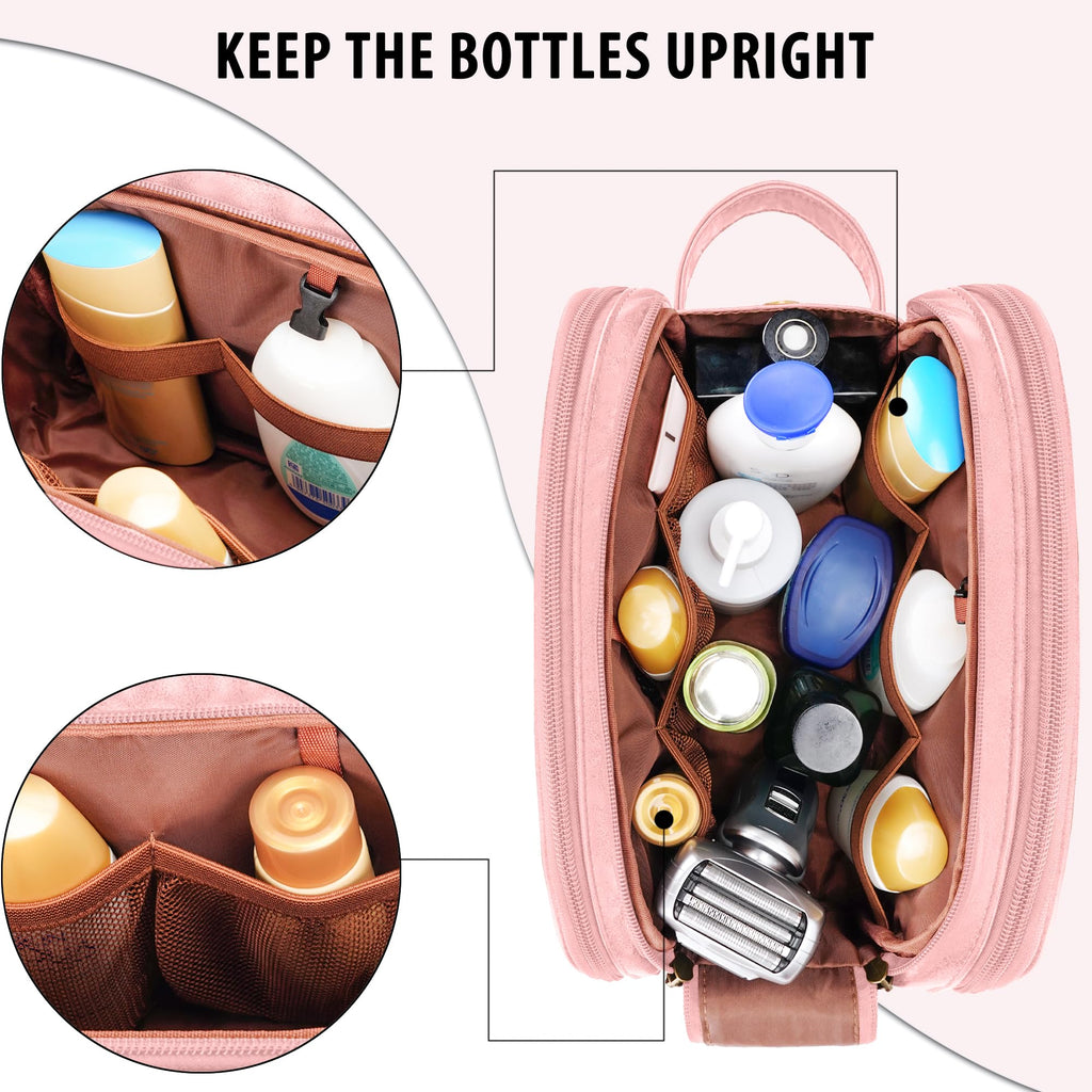 COOSKY Travel Toiletry Bag for Women, Large Hanging Toiletries Organizer Bags for Man, Cruise Ship Essentials, Water-resistant Shaving Case, PU Leather Makeup Accessories, Cosmetic Dopp Kit, Pink