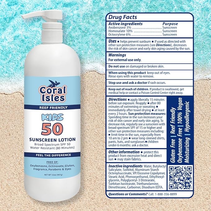 Coral Isles SPF 50 KIDS Lotion Reef Compliant Broad Spectrum 32 Fl Oz