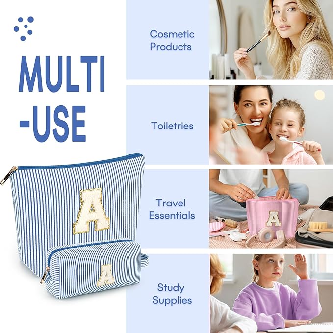 2 PCS Initial Makeup Bags for Women: Cosmetic Bag for Travel Toiletry - Birthday Gifts for 11 12 13 14 15 16 17 18 Years Old Girl Graduation Teacher Gift- Teen Girl Gifts Trendy Stuff - Blue G