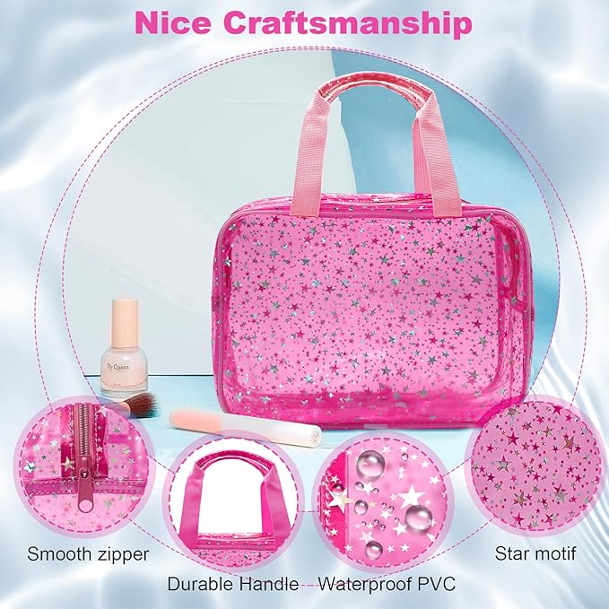 Junesters Clear Red Star Large Makeup Bag with Star Pattern 12x5x8 inch, Travel Cosmetic Bag with Handle, Durable PVC Material Washbag Zipper Opening Design for Makeup Travel Organizer or Gym Use