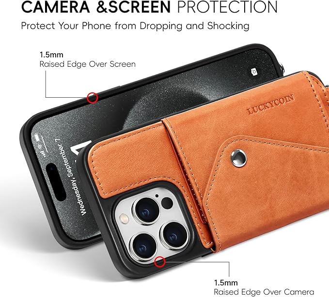 LUCKYCOIN Crossbody Phone Case for iPhone 15 Pro,100% Genuine Leather Phone Wallet Case for Women, Premium Hands-Free Phone Purse with Expandable Flip Card Holder & Adjustable Strap - Retro Brown