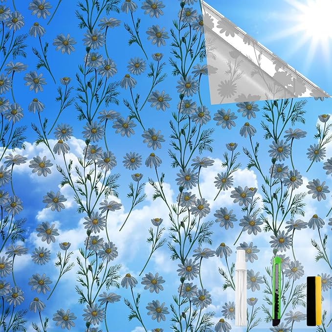 QHYsunshine One Way Privacy Film, Window Tint for Home,Daytime Reflective, Anti UV Static Cling Sliding Door Coverings No Glue Garage Solar Paper (Silver -Daisy, 45.27 x 78.7 in)