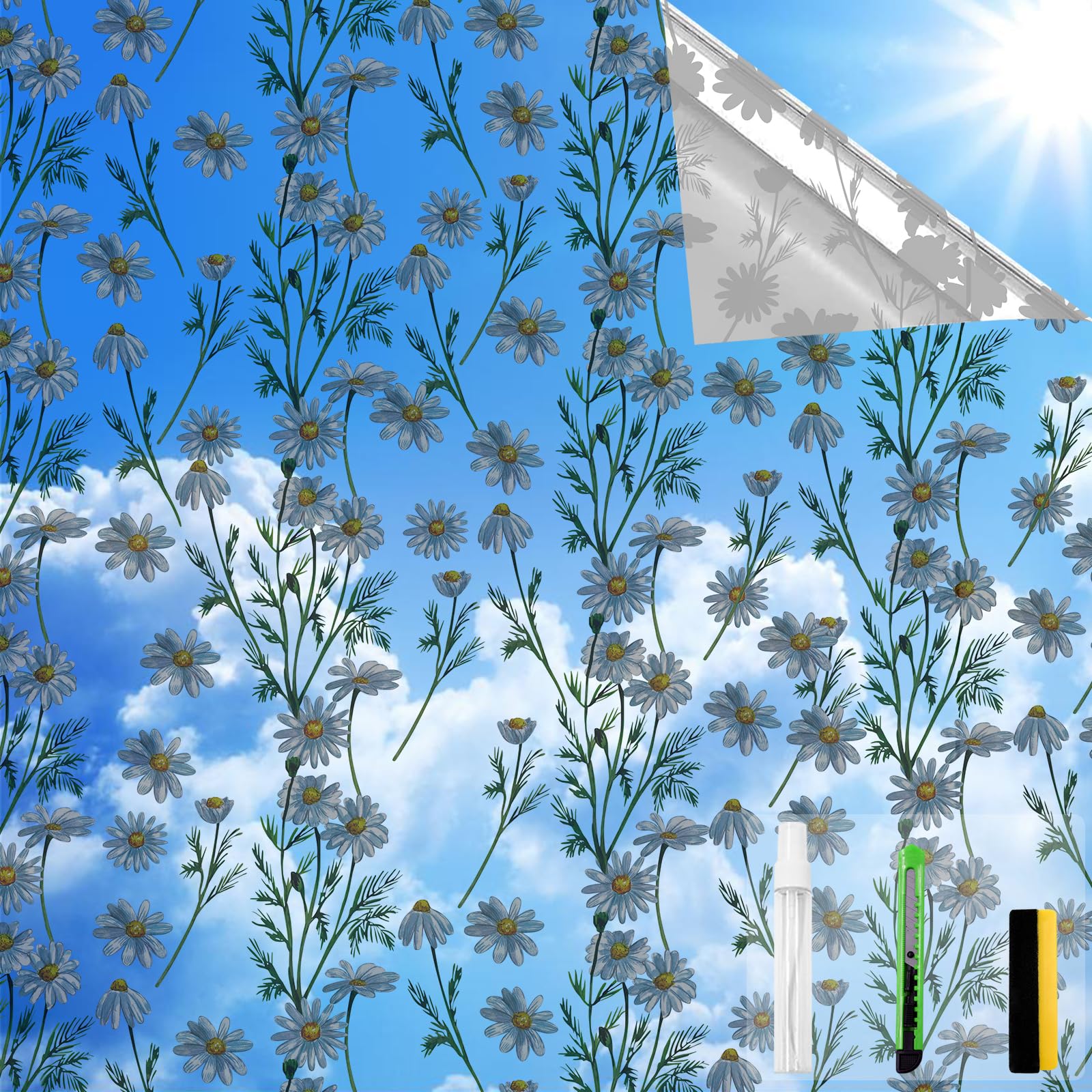 QHYsunshine One Way Privacy Film, Window Tint for Home,Daytime Reflective, Anti UV Static Cling Sliding Door Coverings No Glue Garage Solar Paper (Silver -Daisy, 45.27 x 78.7 in)