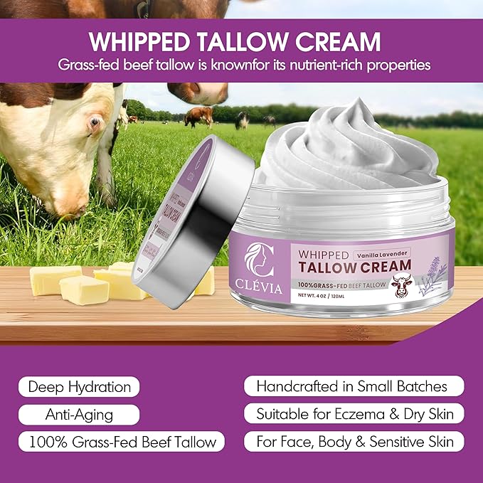 CLÉVIA 100% Grass-Fed Whipped Tallow Cream - 4 OZ Anti-Wrinkle Face and Body Balm with Jojoba Oil Non-Comedogenic - Deep Hydration for Dry, Sensitive and Irritated Skin (Vanilla Lavender)