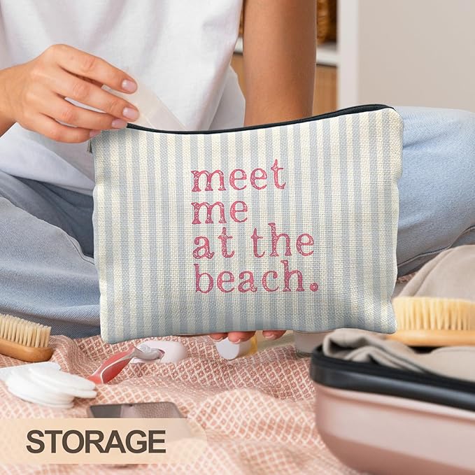 RYYCDOI Coastal Beach Makeup Bag, Meet Me at the Beach Cosmetic Bags for Women, Gifts for Ocean Lovers, Preppy Cute Blue Striped Beachy Nautical Zipper Makeup Pouch