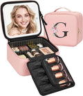 Relavel Initial Makeup Bag with LED Mirror for Women Girls, Personalized Travel Cosmetic Organizer Train Case, Birthday Gifts for Grandkids Bridesmaid Graduation Teacher Friends, Trendy Stuff, Pink G
