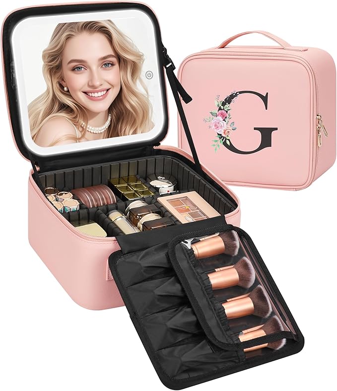 Relavel Initial Makeup Bag with LED Mirror for Women Girls, Personalized Travel Cosmetic Organizer Train Case, Birthday Gifts for Grandkids Bridesmaid Graduation Teacher Friends, Trendy Stuff, Pink G