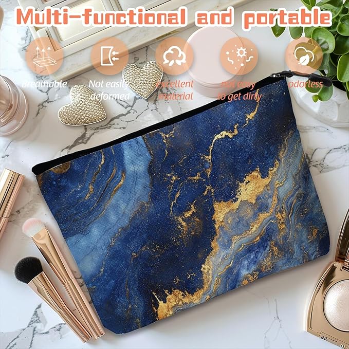 Scribesense Cosmetic Bags Travel Makeup Toilet Case Waterproof Pouch for Women Girls 6.7X9.45inches - Blue And Gold Marble