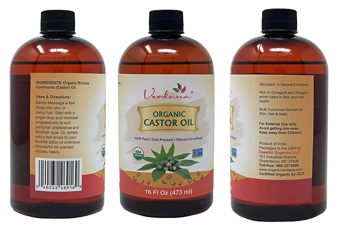Verdana Organic Castor Oil, Cold Pressed & Hexane Free – For Hair & Scalp Care, Eyelashes, Eyebrows & Skin Moisturizing – USDA Certified, Pure & Natural – 16 fl oz