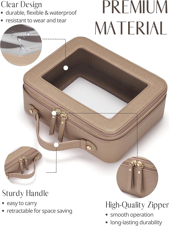 Popvibe Clear Makeup Bag Travel Cosmetic Case Transparent Toiletry Bag with Zipper, Portable Make Up Organizer Traveling Compact Car Bag for Essentials, Gold, Large