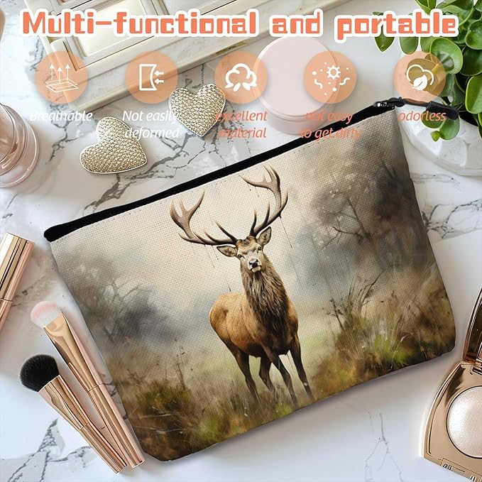 Scribesense Cosmetic Bags Travel Makeup Toilet Case Waterproof Pouch for Women Girls 6.7X9.45inches - Stag in A Misty Forest Landscape