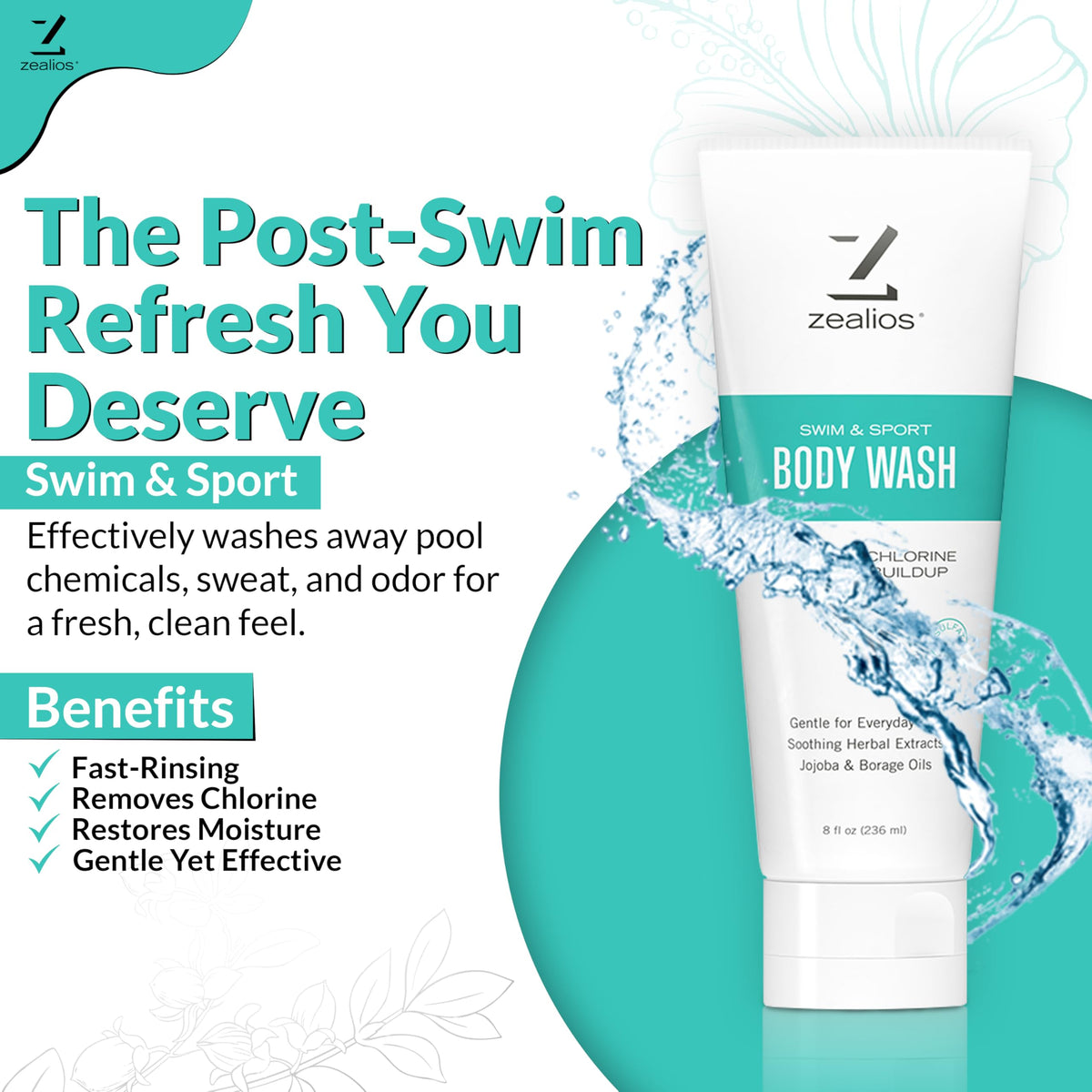 Zealios Swim & Sport Body Wash for Swimmers & Athletes 8oz, Skin Care Solution for Men & Women, Removes Chlorine, Sweat & Odor, Provides Cleansing and Hydration from Pool Chemicals, Light Citrus Scent