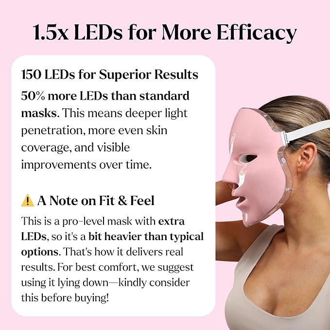 VogueNow LED Face Mask Light Therapy Premium Spa Kit (4 Pcs) - With Ultrasonic Scrubber, Sonic Brush & Green Tea Serum - 7 Colors (Blue & Red) Light Therapy Mask (Light Pink)