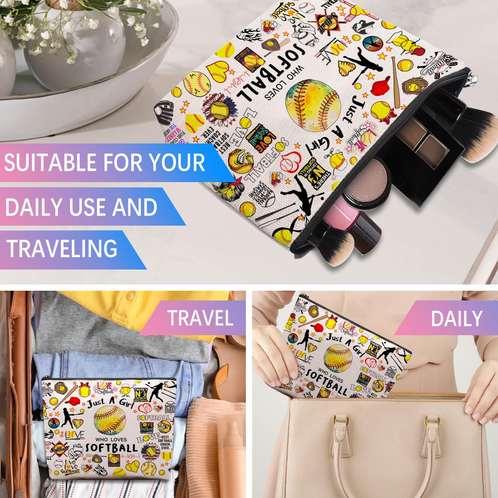 Softball Gifts: Cosmetic Bag & Travel Pouch for Women, Birthday Gifts for Softball Fans & Players, Coach Accessories