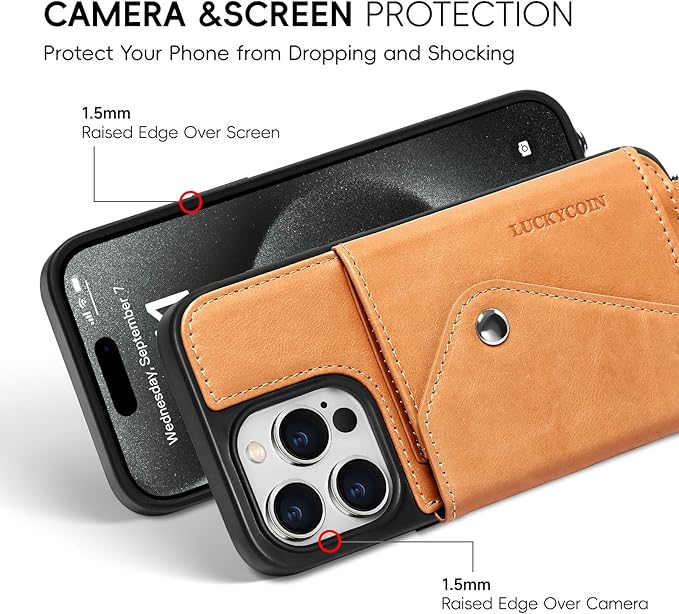 LUCKYCOIN Crossbody Phone Case for iPhone 15 Pro,100% Genuine Leather Phone Wallet Case for Women, Premium Hands-Free Phone Purse with Expandable Flip Card Holder & Adjustable Strap - Retro Tan