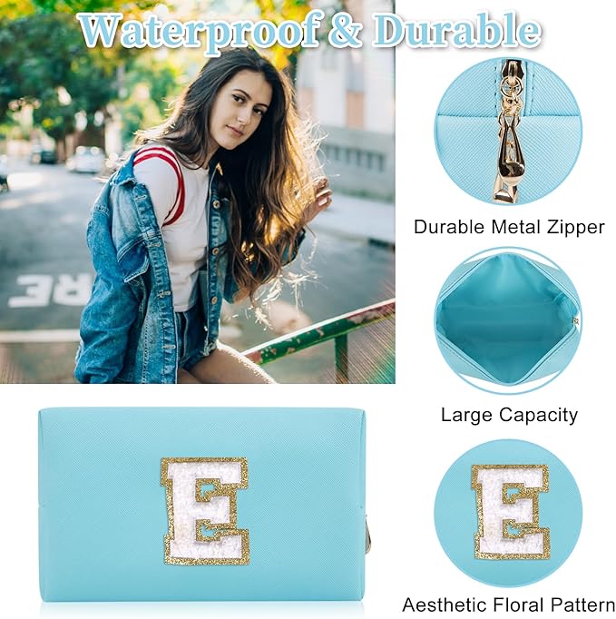 Personalized Initial Letter Patch Makeup Bag, Preppy Portable Chenille Letter Cosmetic Bag with Zipper, PU Leather Waterproof Travel Toiletry Bag Monogram Make Up Pouch for Women Girls