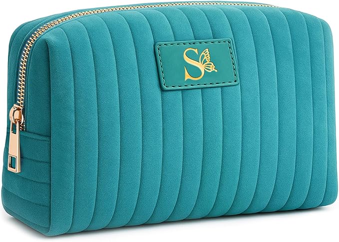 Monogrammed Make Up Bags for Women,Personalized Cosmetic Bags Women,Small Quilted Makeup Pouch,Cute Makeup Bag Travel,Birthday Gifts for Teen Girl (Blue S)