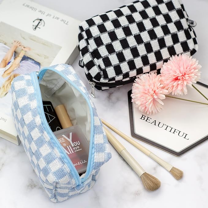Checkered Makeup Bag for Purse, Small Travel Cosmetic Pouch,Blue,2 Pack