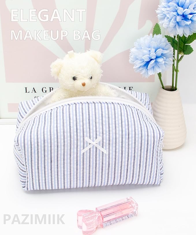 Cozy Makeup Bag for Women,Zipper Cosmetic Pouch,Stripe Blue Mix,2 Pack