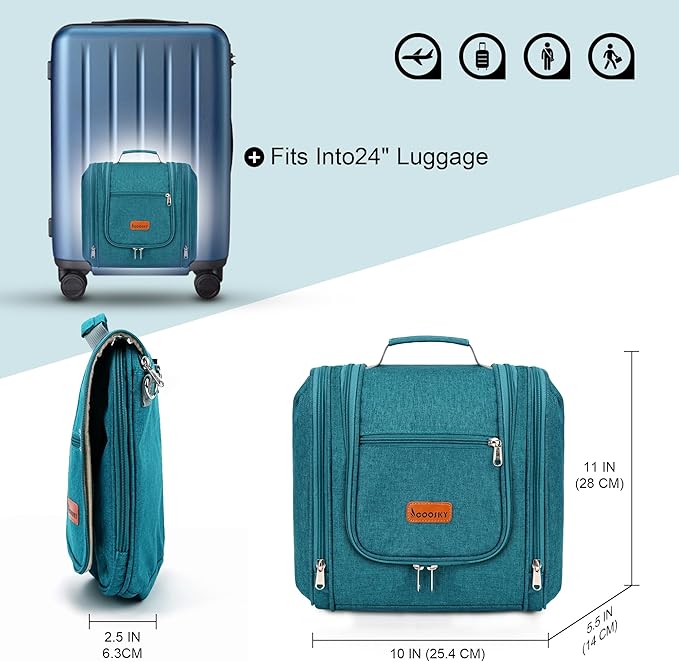 COOSKY Hanging Travel Toiletry Bag for Women and Men, 6 Organizer Compartments, Large Toiletries essentials, Bathroom Cosmetic Accessories, Water-resistant Makeup Bag, Holds Full-Size Shampoo, Blue