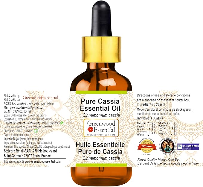 Greenwood Essential Pure Cassia Essential Oil (Cinnamomum Cassia) with Glass Dropper Steam Distilled 50ml (1.69 oz)