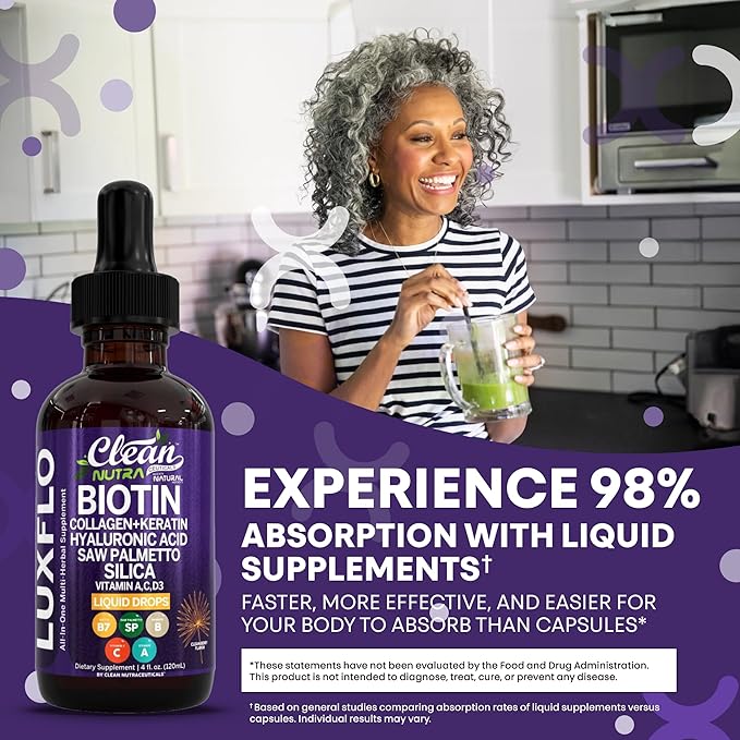 Liquid Biotin & Collagen Keratin Hyaluronic Acid Saw Palmetto Drops Vitamins for Hair Growth Support Silica Vitamin A C D Bamboo Turmeric Zinc Folate Magnesium Horsetail LuxFlo By Clean Nutra