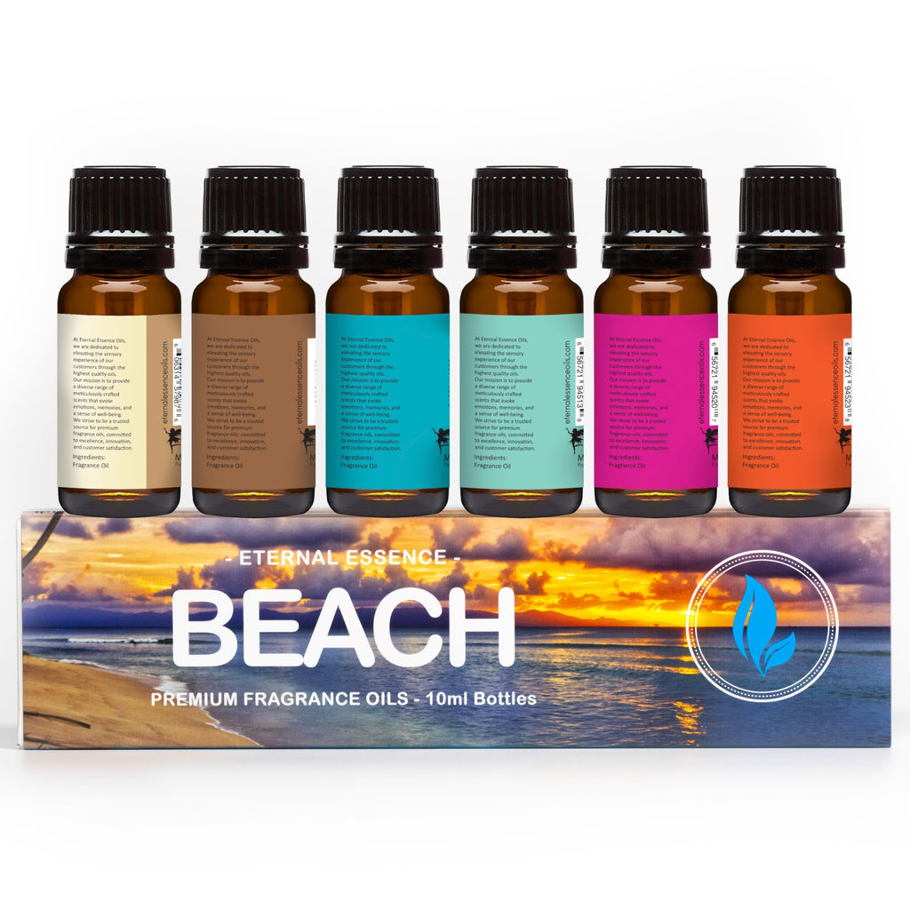 Eternal Essence Oils Beach Set of 6 Premium Fragrance Oils - Includes White Sand, Ocean Breeze, Honolulu Sun, Mermaid, Caribbean Escape, and Sun & Sand Scented Oils - 10ML