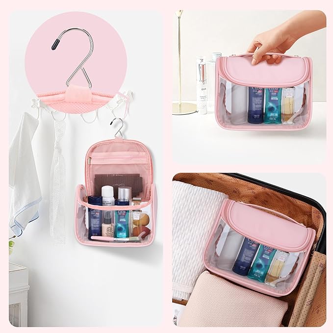 YFG Travel Toiletry Bag for Women & Men, Transparent Cosmetic Organizer with Hook, Portable, Organizer, for Travel-Sized Shampoo, makeup Accessories, Brushes Set, Conditioner, Medium Size Pink