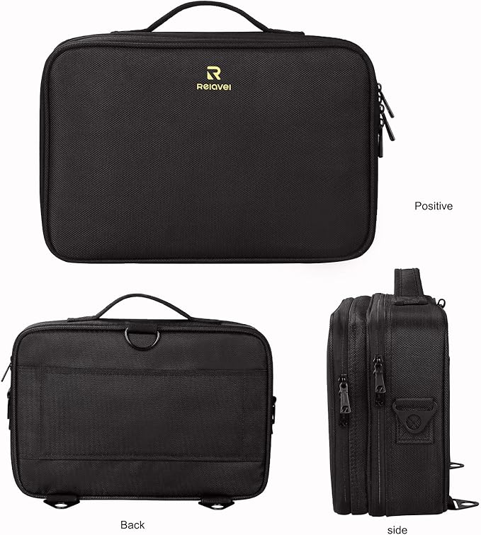 Relavel Makeup Bag Travel Makeup Train Case Large Cosmetic Case Professional Portable Makeup Brush Holder Organizer and Storage with Adjustable Dividers and Shoulder Strap Black