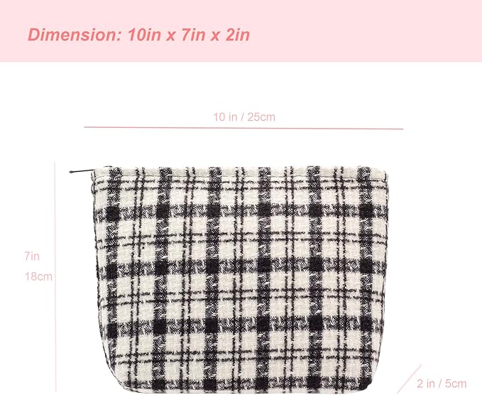 PAZIMIIK Makeup Bags for Purse Zipper Cosmetic Pouch Large Travel Canvas Make Up Organizer Tool Pouch for Women and Girls,Plaid Black