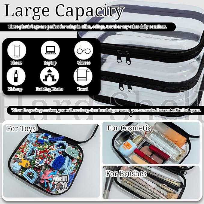 YOQIVEXU 3 Piece Clear Hard Shell Zipper Case, Hard Plastic Clear Makeup Bag, TSA Approved Anti-Crush Toiletry Cosmetic Organizer Pouches for Travel & Daily