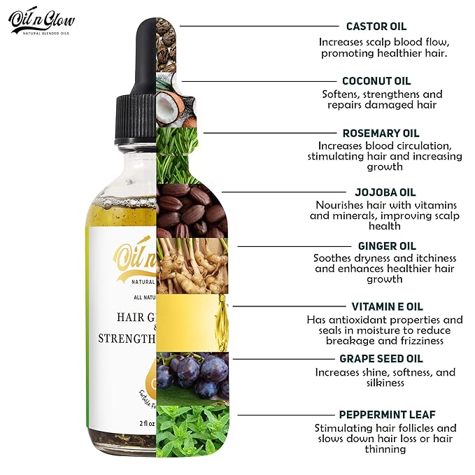 OilnGlow USDA Certified Organic 9 in 1 Natural Hair Serum for Hair Growth, & Strengthening With Rosemary Oil for Hair Growth, & Scalp DHT Blocker Peppermint Hair Oil Growth 2 FL